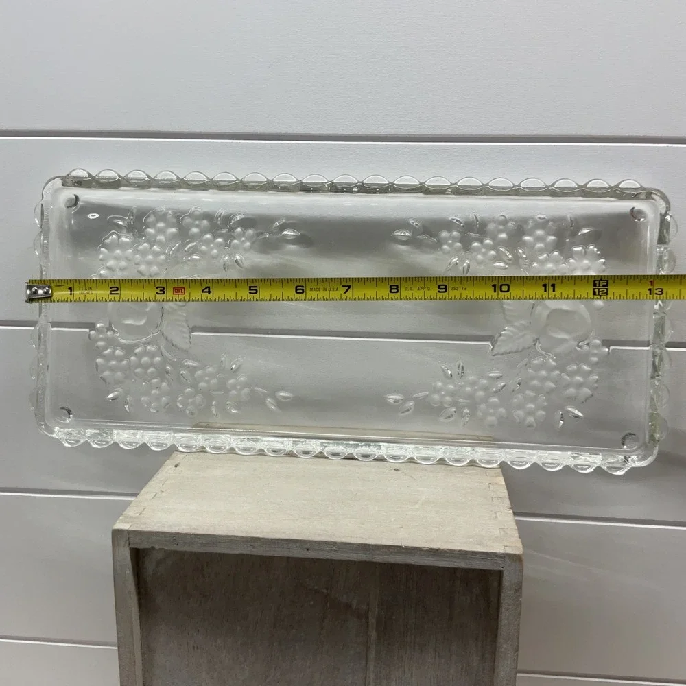 Vintage Clear Pressed Glass Rectangular Tray Frosted Rose Floral Beaded Rim 12in